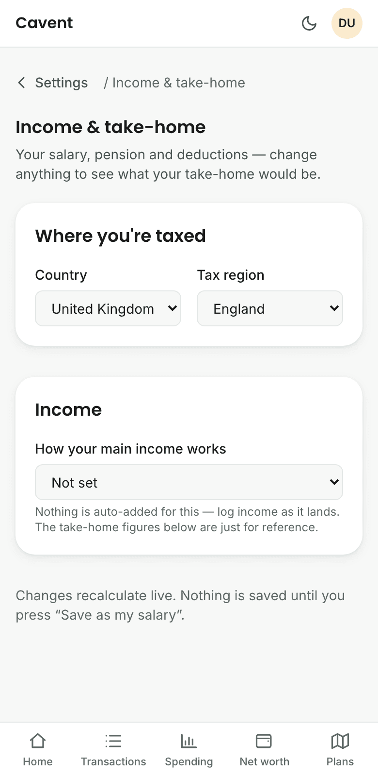 Cavent's income screen showing take-home, tax and pension